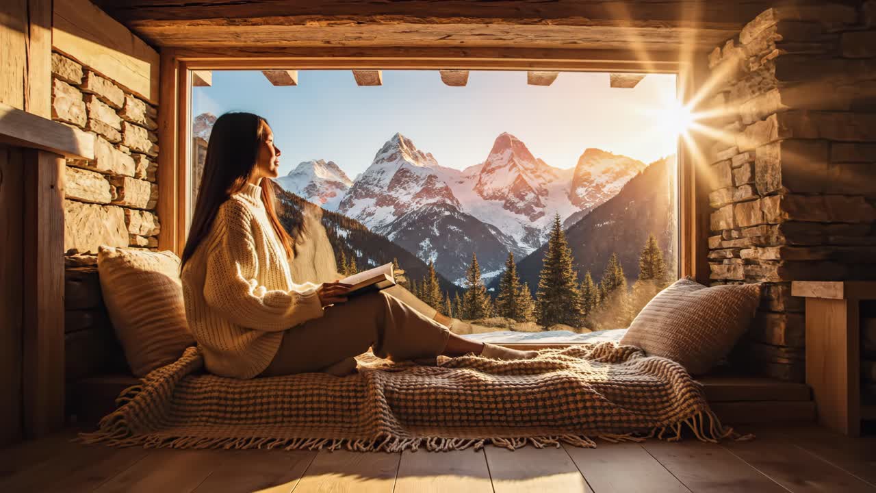Woman Reading by Window with Mountain View