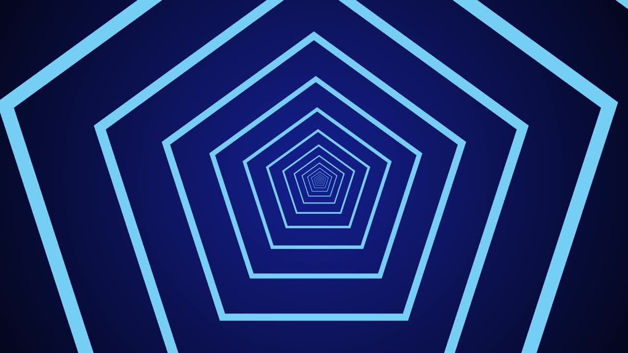 어두운 배경에 있는 파란색 선은 오각형 운동 터널을 형성합니다. 4k 비디오의 추상적인 3d 렌더링