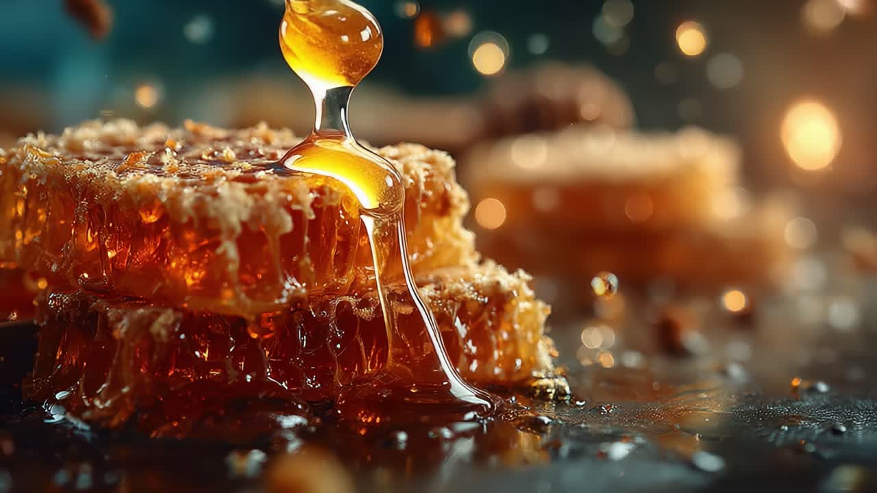 Miele dorato che gocciola dai telaini dell'alveare: primo piano accattivante di miele dolce e naturale con un ricco colore ambrato e una consistenza che mostra l'essenza della raccolta del miele puro.