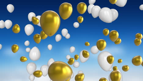 gold and white balloons floating in blue sky animation