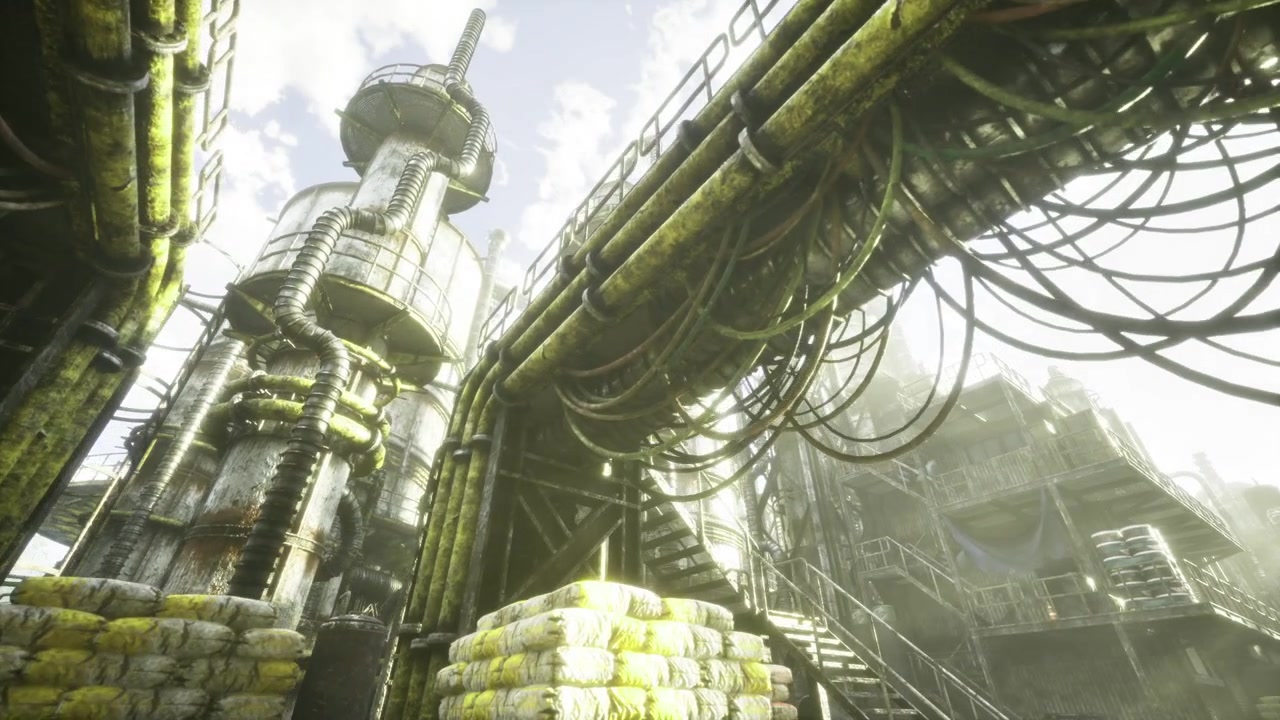Industrial underground tunnels with tangled pipes and colorful sky views