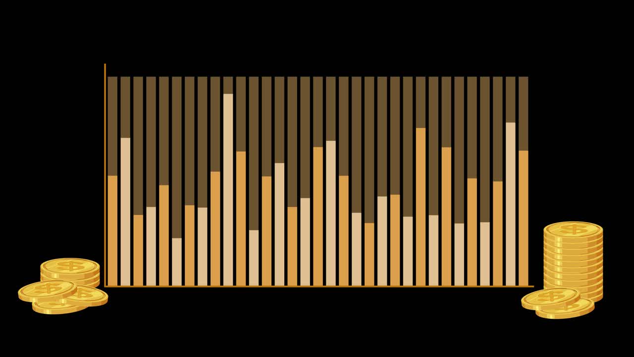 Gold bar chart animates upward with fluctuating columns, flanked by coin stacks, on black background