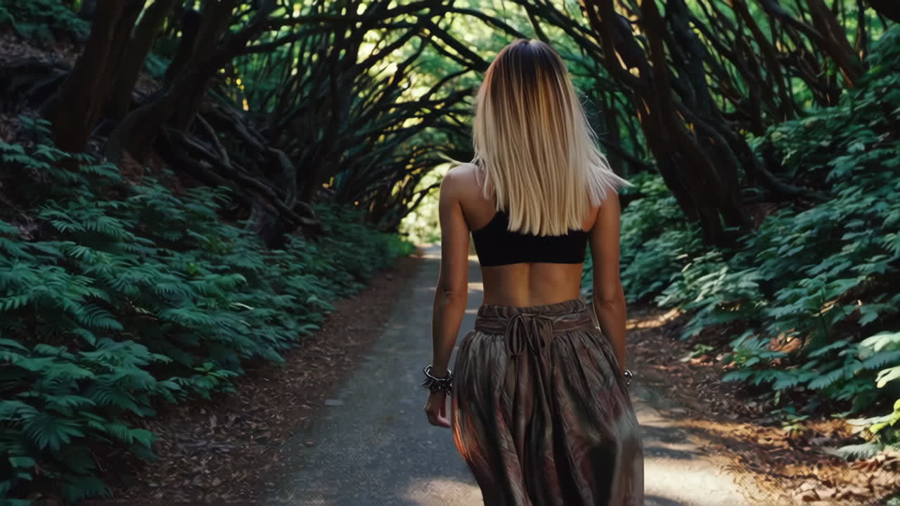 Woman Walking Through a Forest Tunnel