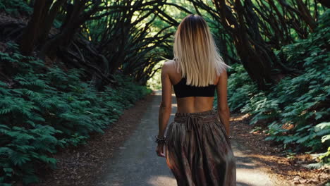 woman walking through a forest tunnel