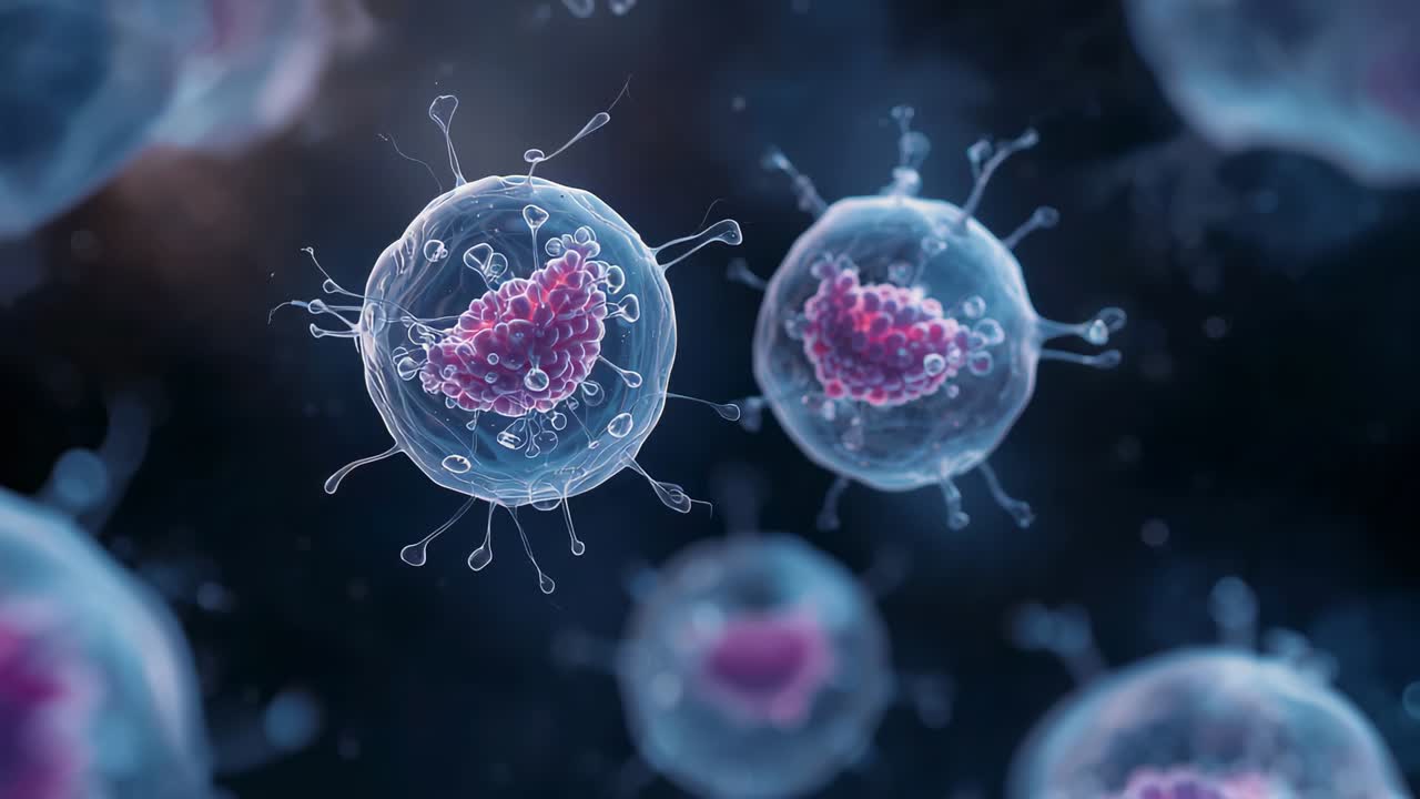 Telecamera in movimento che inquadra due virioni centrali che si spostano, ruotando verso la lente in un fluido di laboratorio con goccioline