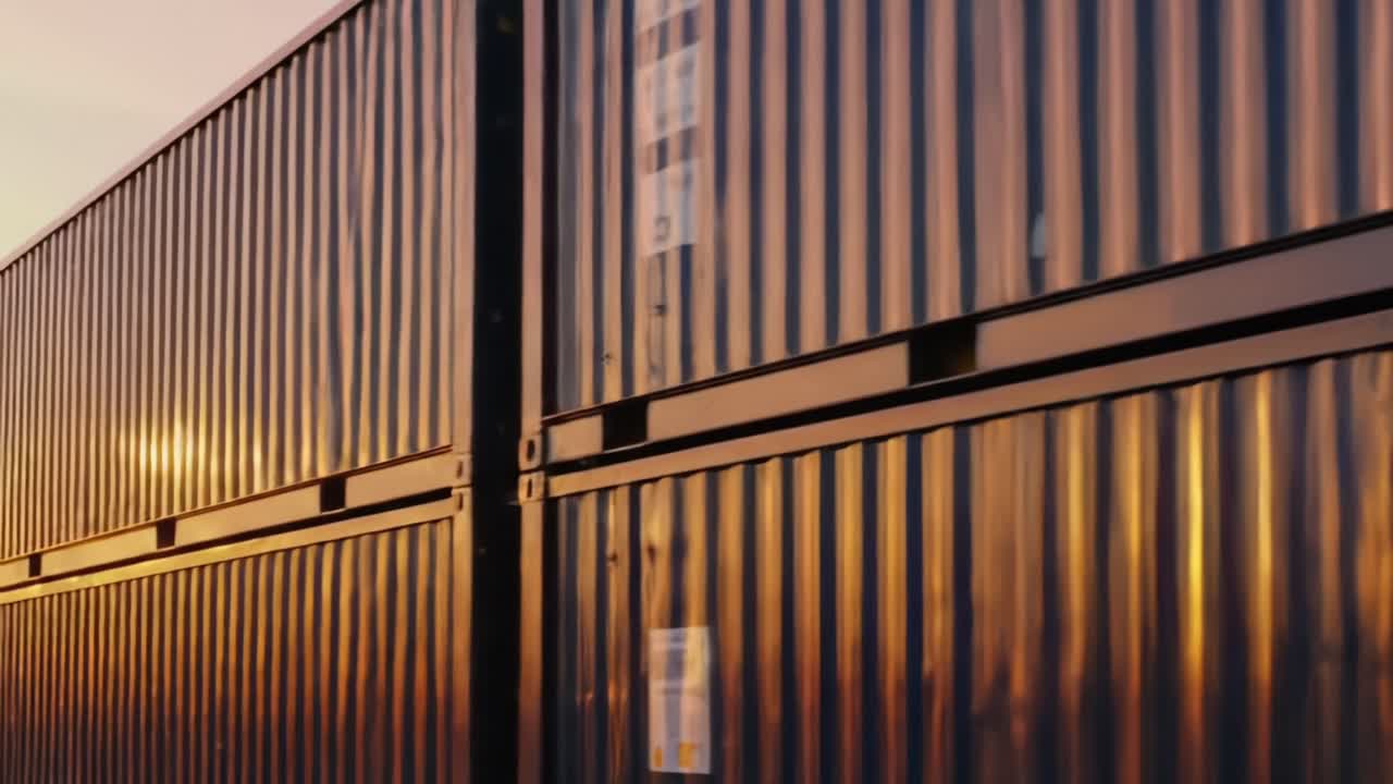 A Captivating View of Shipping Containers Reflecting Sunset Light, Showcasing the Industrial Beauty of Transportation and Logistics against a Beautiful Evening Sky