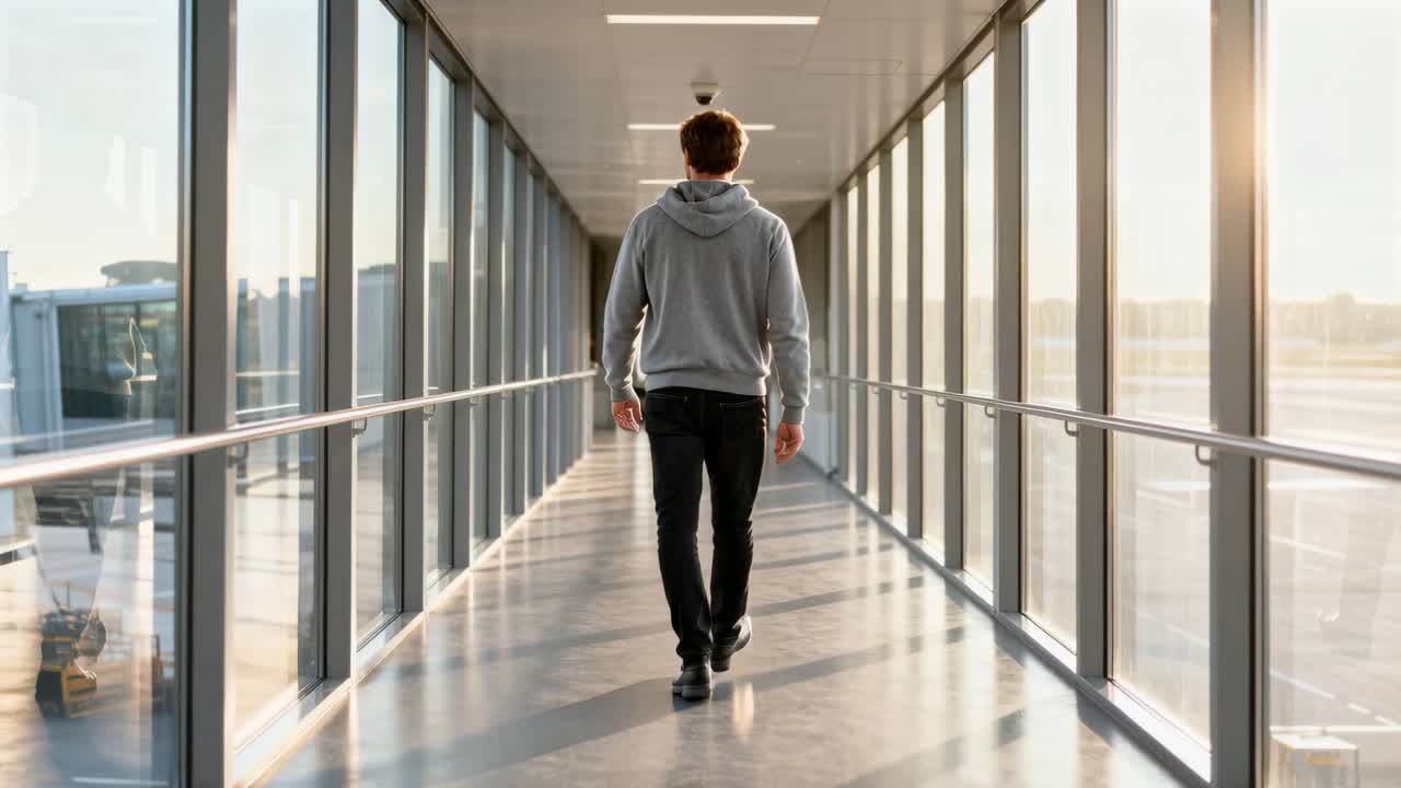 Walking man in gray hoodie taking steps toward terminal down glass jet bridge, with metal handrails