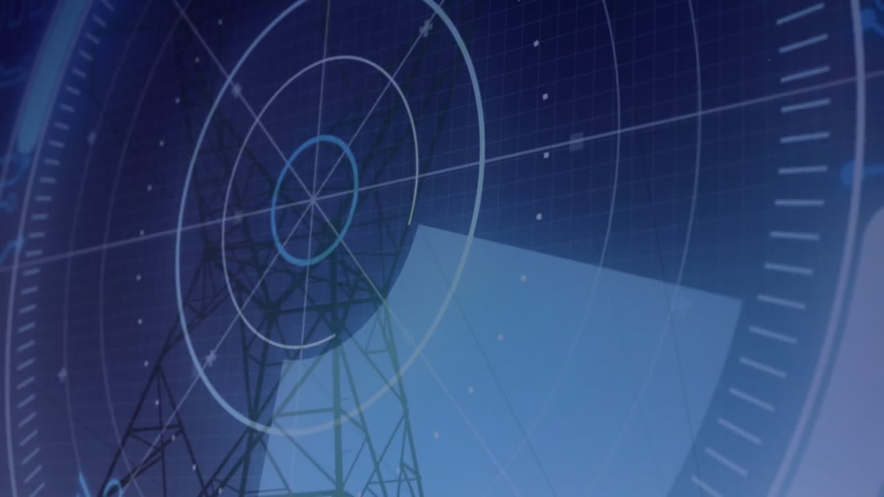 Transmission tower silhouette being displayed on left side, featuring rotating digital HUD circles