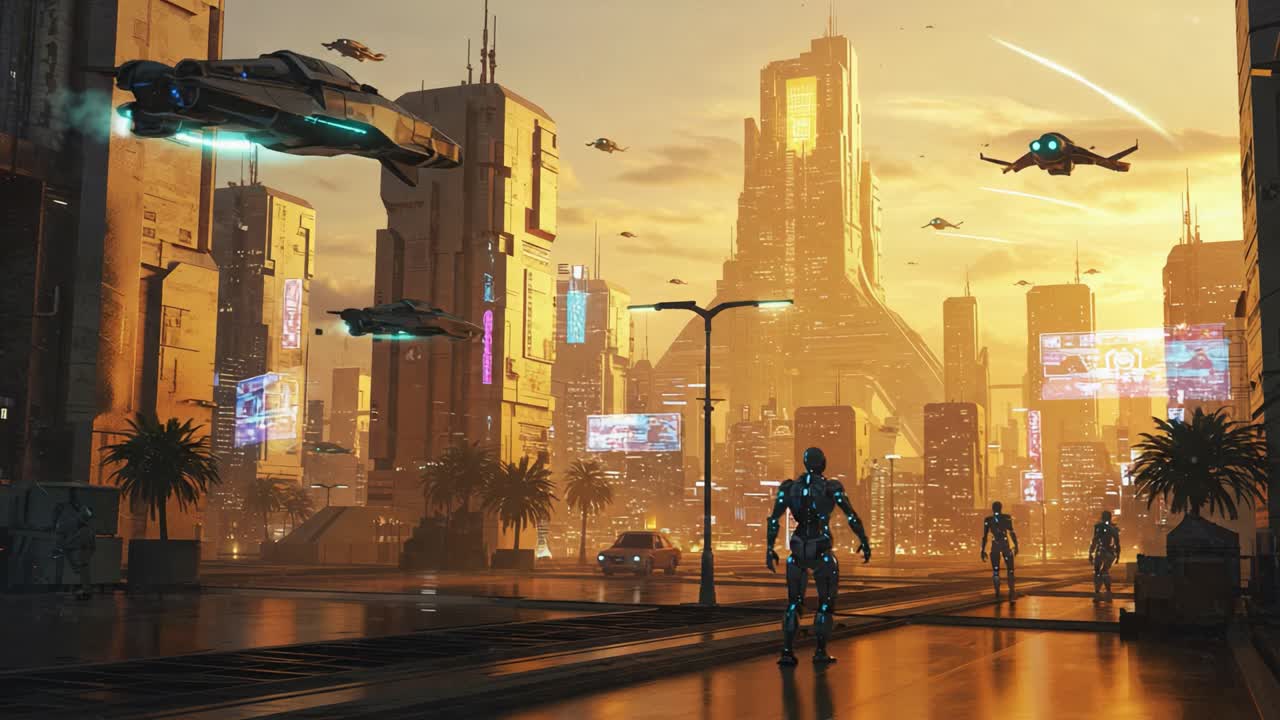 Futuristic Cityscape with Robots and Drones as Day Turns to Night, Showcasing a Vibrant Urban Landscape Filled with Neon Lights and Advanced Technology