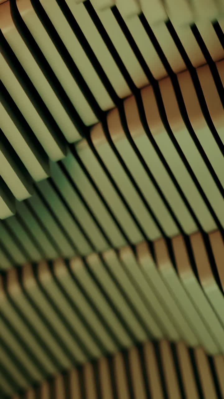 Tlumené zelené lamely tvořící rytmické vlnící se vlny a jemné stíny, modulární vrstvy vytvářejí architektonické
