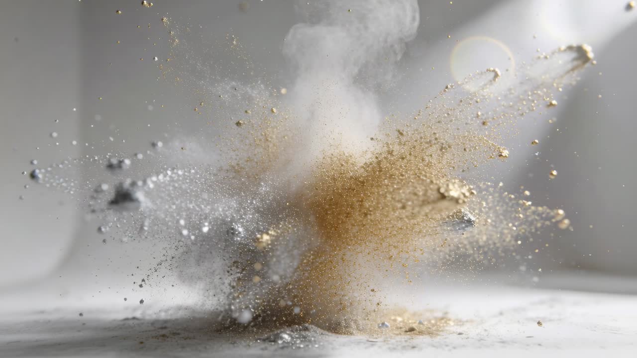 Esplosione iniziale che lancia un pennacchio dorato e grigio attraverso il pavimento dello studio, emettendo fumo bianco e frammenti.