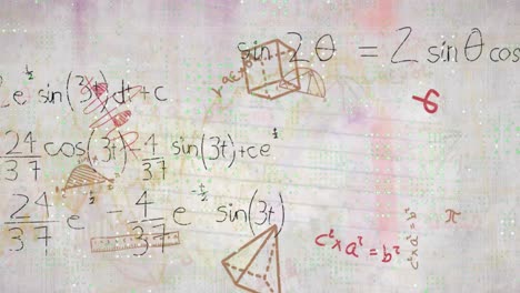 animación de ecuaciones matemáticas y diagramas sobre gráficos contra un fondo abstracto