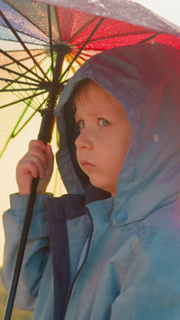 child stands alone in field on rainy day. each droplet on umbrella serves as reminder of unsettled emotions swirling in head. overshadowed by relentless rain