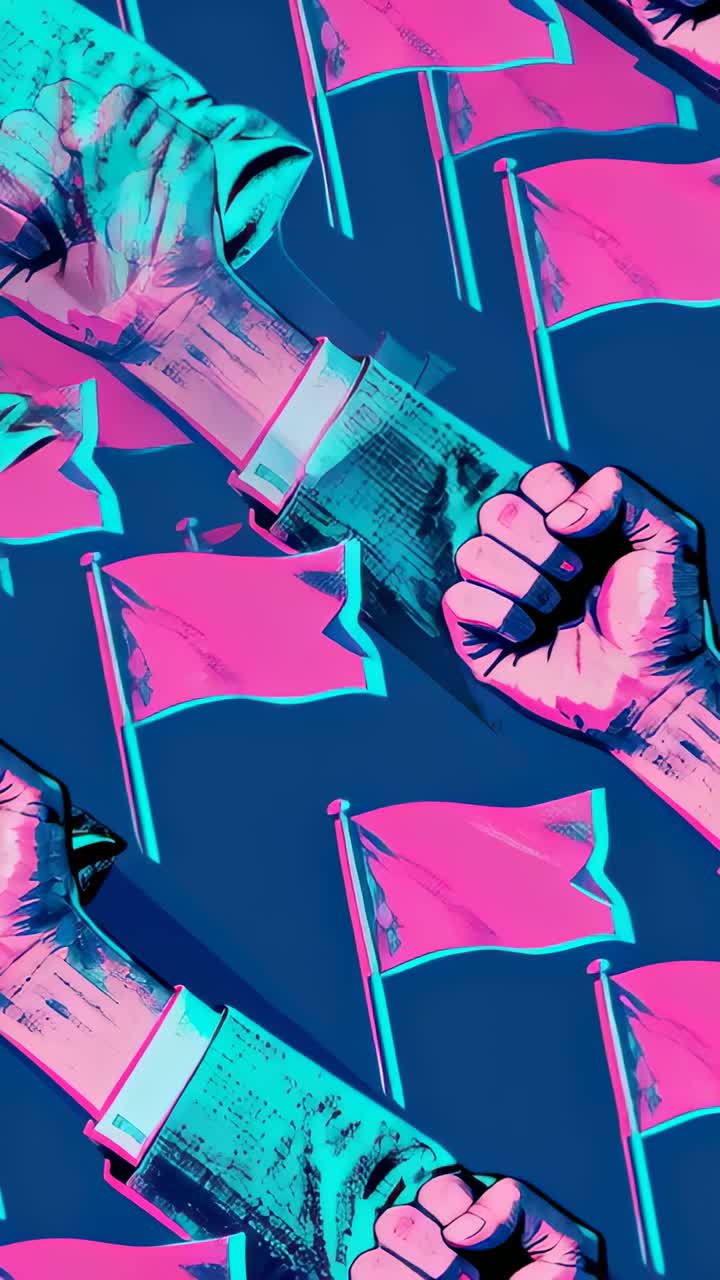 Vertical video: Loop starting, fists with cuffs shifting across blue field for motion with flags