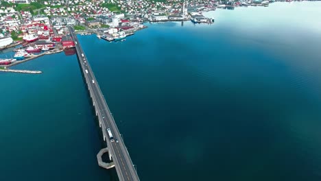 Bridge-of-city-Tromso,-Norway-Aerial-footage