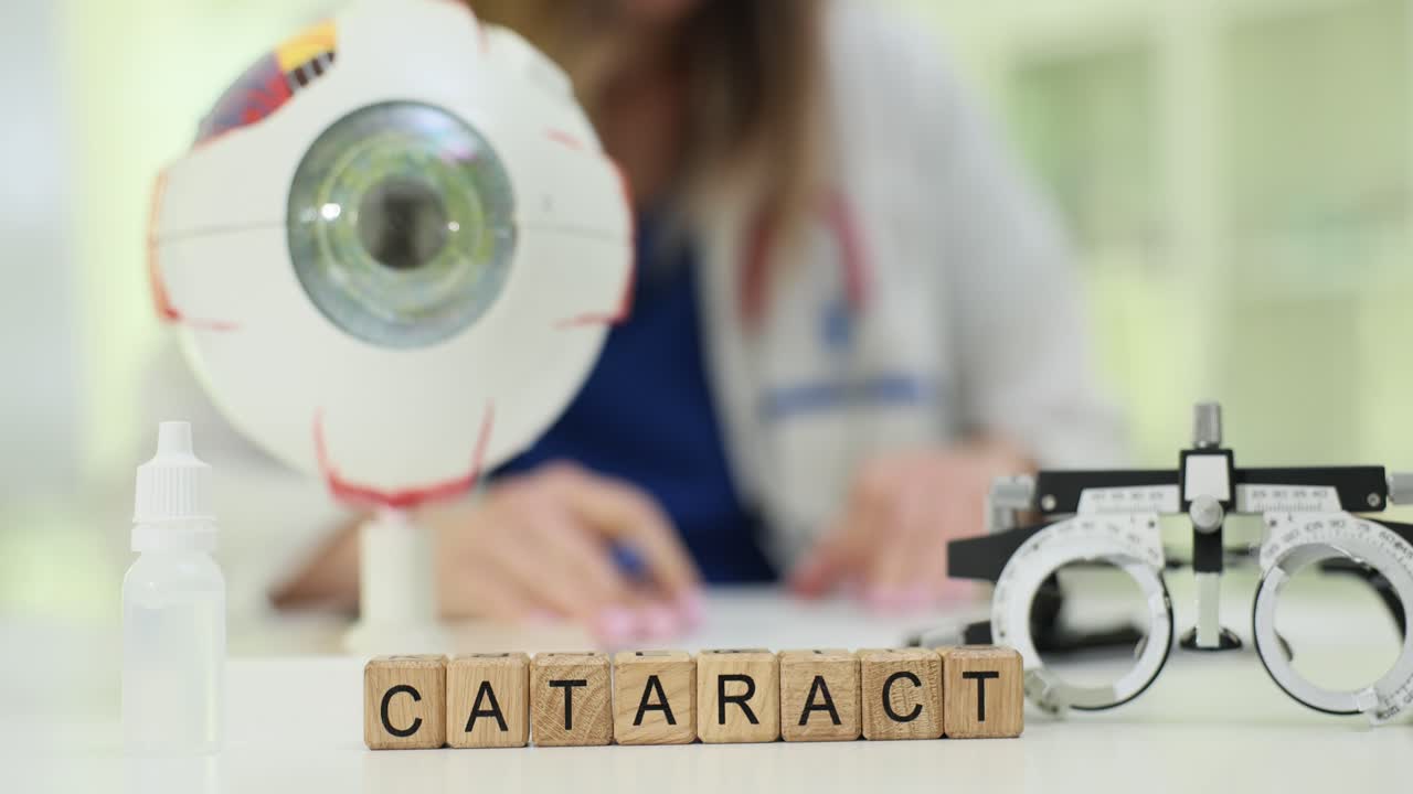 Cataract diagnosis and vision care with medical tools and eye model