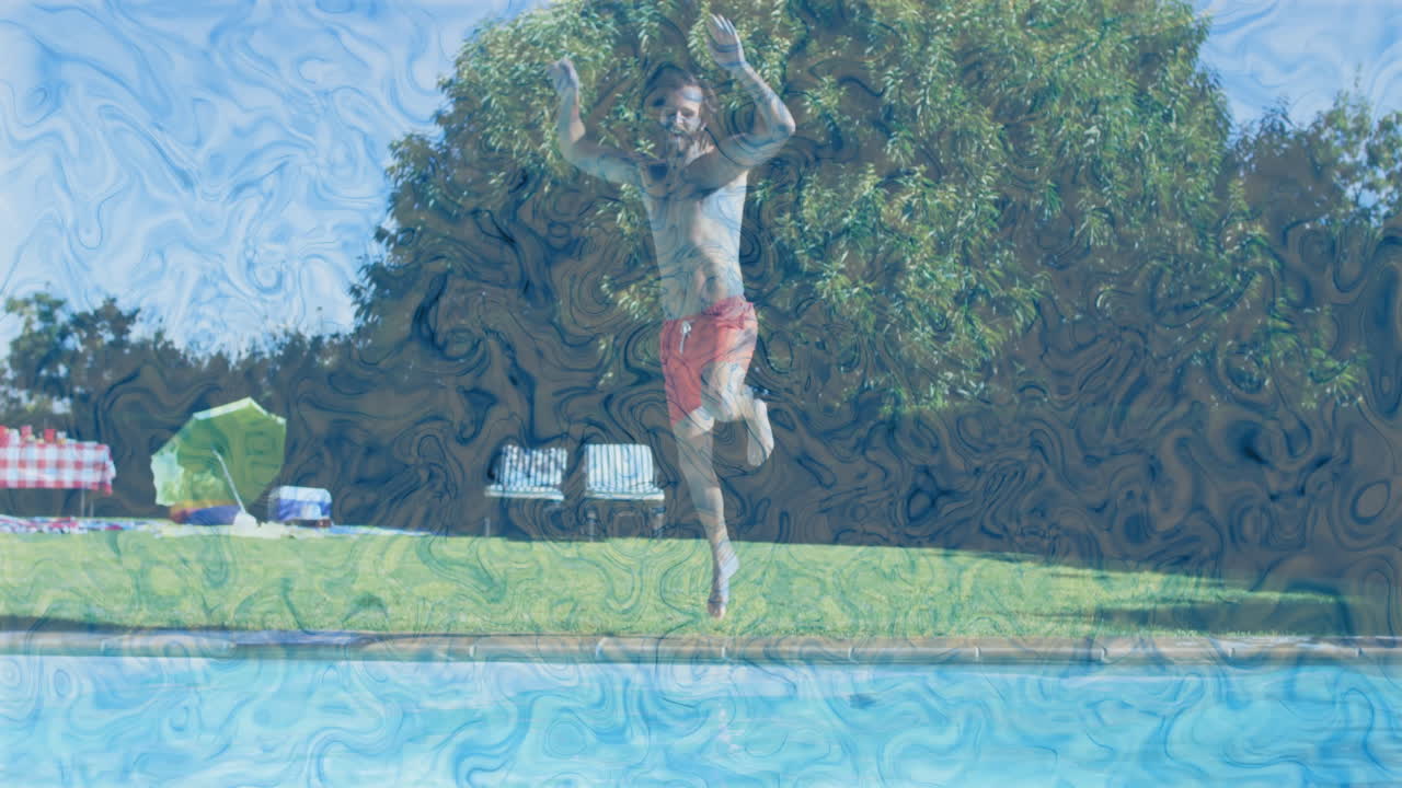 Uomo che si tuffa in piscina, con un'animazione di acqua vorticosa in sovrimpressione in un'ambientazione estiva