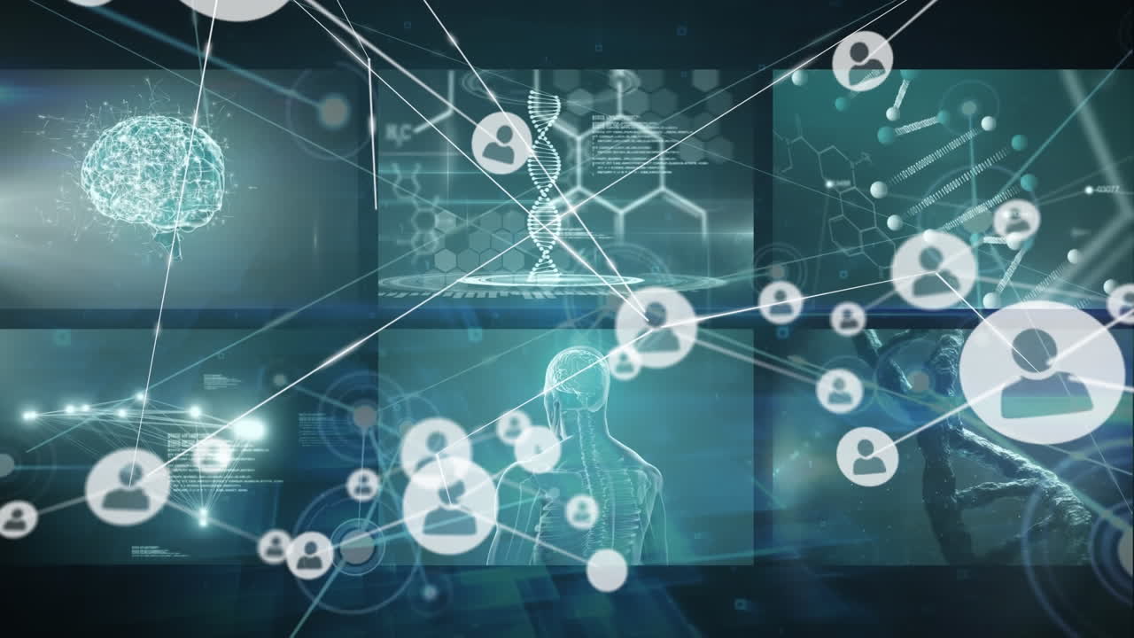 Animation of network of connections with icons over icons and icons