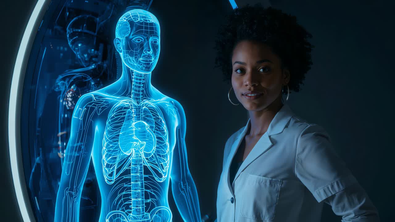 Hologram wordt geactiveerd, vrouw in witte laboratoriumjas presenteert holografische anatomie naast een verlichte rand