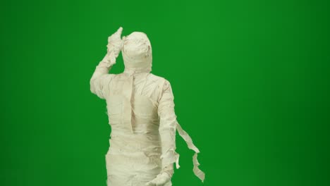 a mummy wrapped in bandages dancing waving hands and legs green screen isolated chroma key video - a mummy wrapped in bandages dancing, waving hands and legs. green screen isolated chroma key video. mock up, workspace, advertisement. full length. side view. halloween holidays