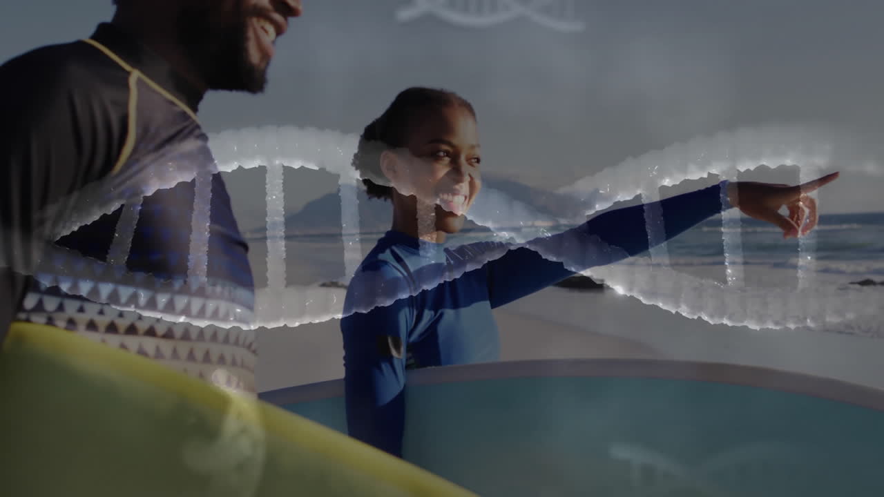 Man and woman holding surfboards on sandy beach, featuring animated DNA helix for science education