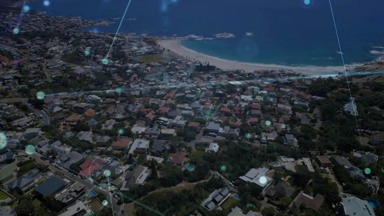 Coastal community getting mapped aerially, showing houses pools in 3D render with network overlay