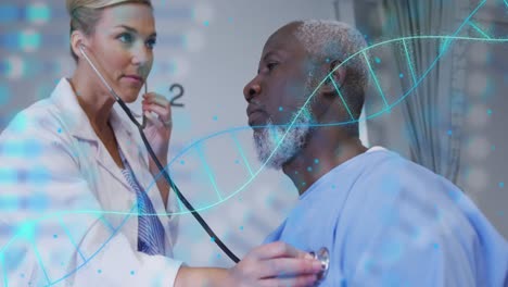 animation of dna strand and data processing over caucasian female doctor treating patient