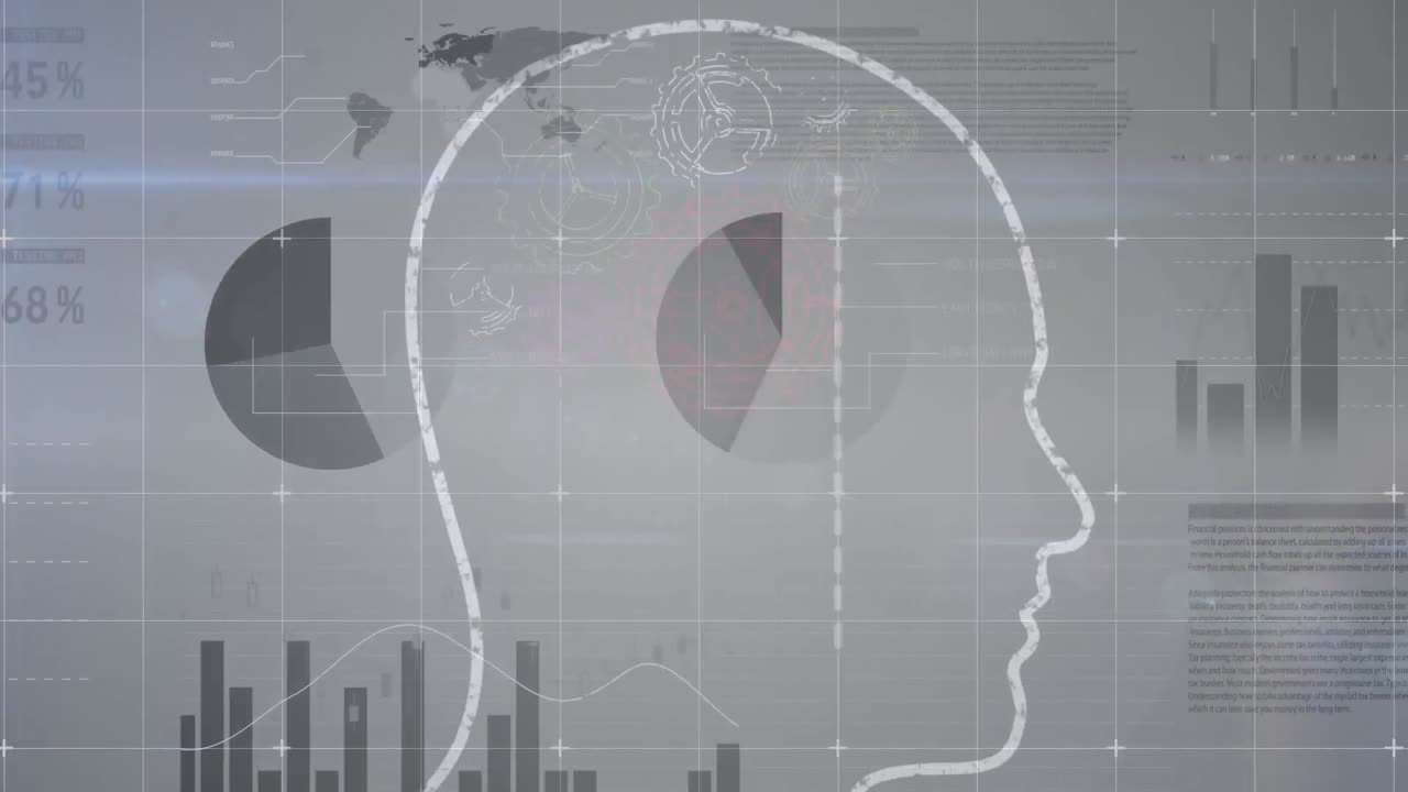 Animation of outline of human over stock market display in the background