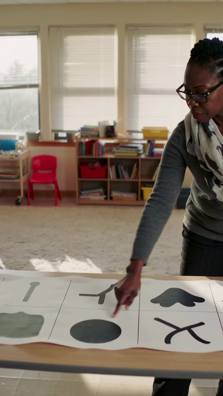 Vertical video: Placing roll teacher in scarf rolling symbol roll on class table preparing lesson