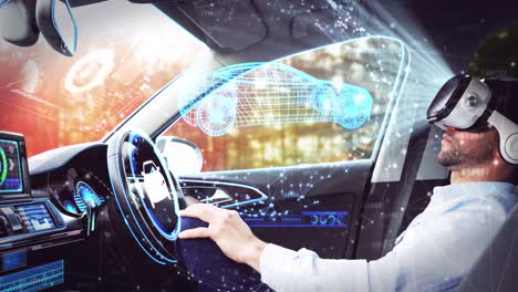 animación de un dibujo de coche 3d sobre un hombre de negocios que usa auriculares vr en un coche de conducción autónoma