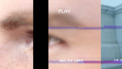 animación de una cinta de video con un error en la cara del hombre caucásico.