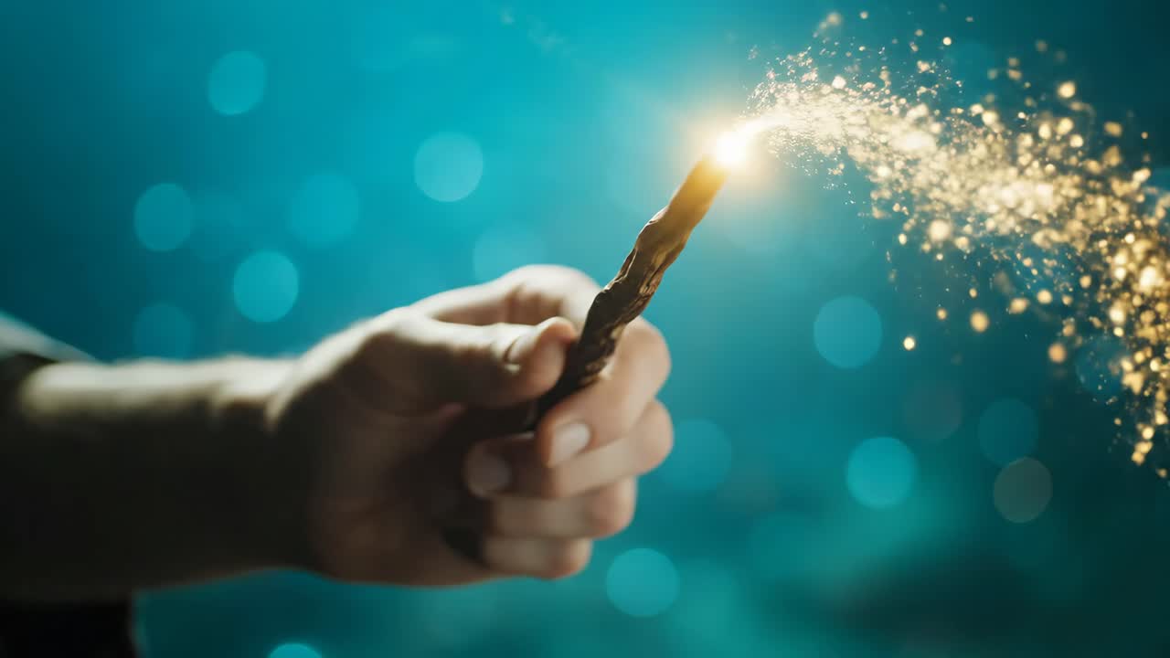 A hand holding a magic wand with sparks