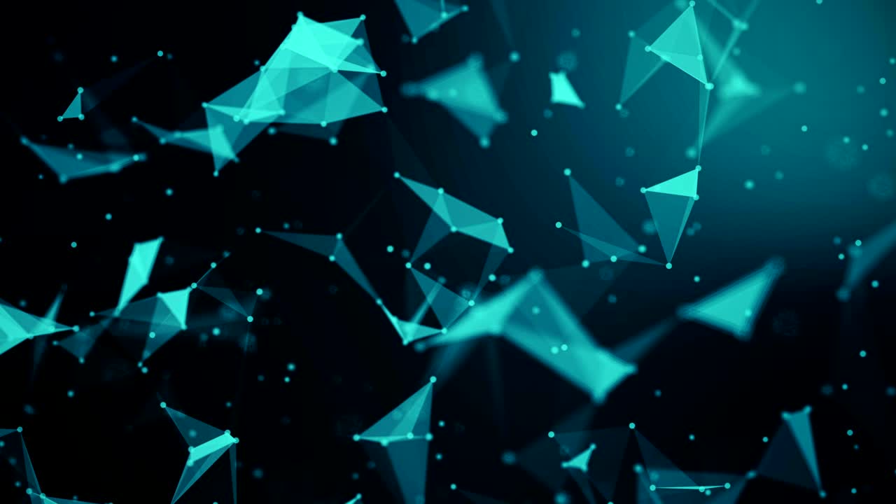 abstract blue gradient geometrical plexus on black background with lines and dots movement