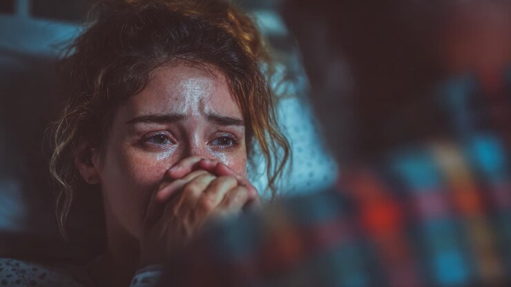 An Emotional Struggle: A Haunting Moment Captured as a Young Woman Faces Unseen Fears, Navigating Through Anxiety and Intense Vulnerability in a Darkened Room