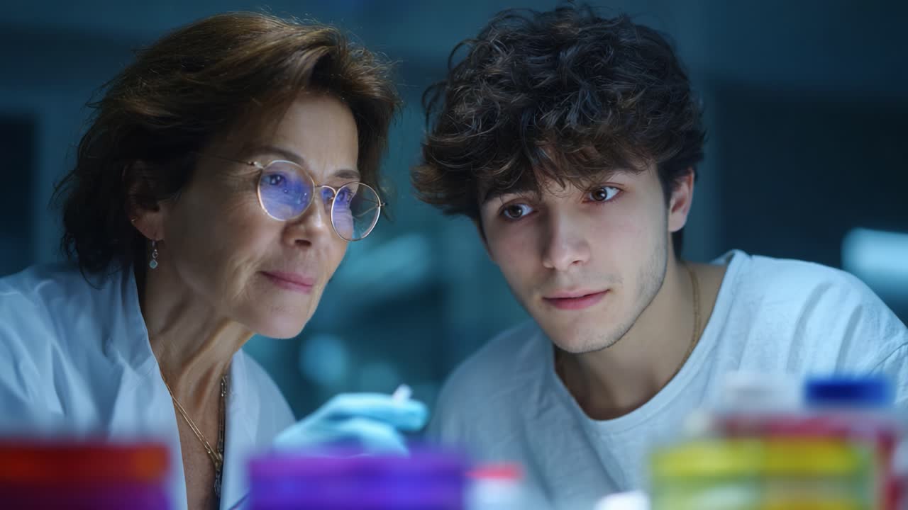 A focused discussion between a young student and an experienced scientist in a laboratory setting, highlighting their curiosity and dedication to scientific exploration