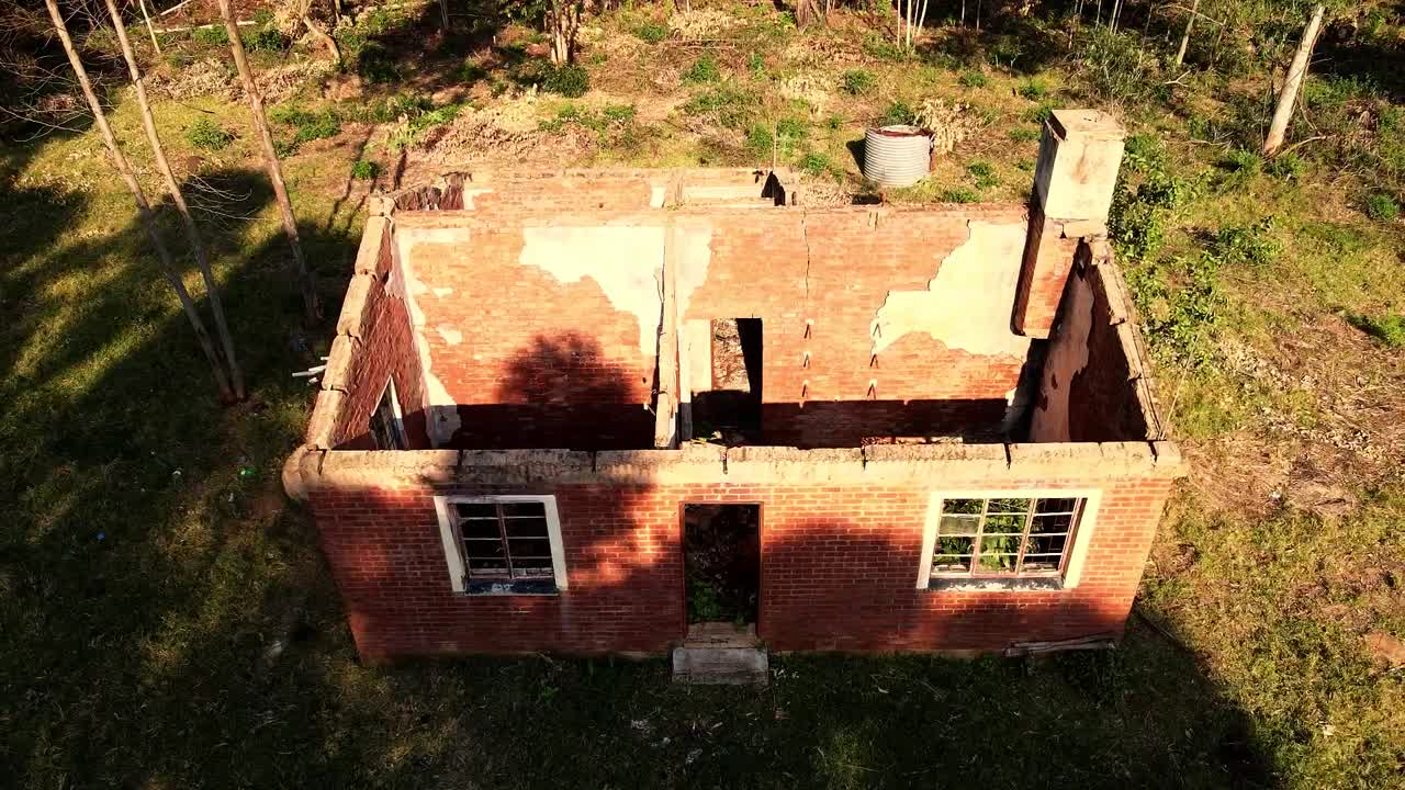 Drone View of Abandoned Brick House Ruins