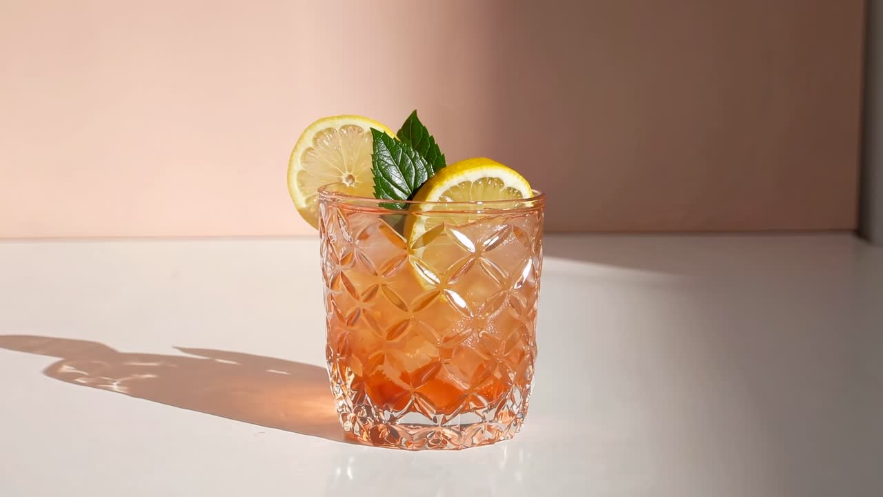 Low-angle shot of a refreshing iced drink in a textured glass with lemon slices and mint