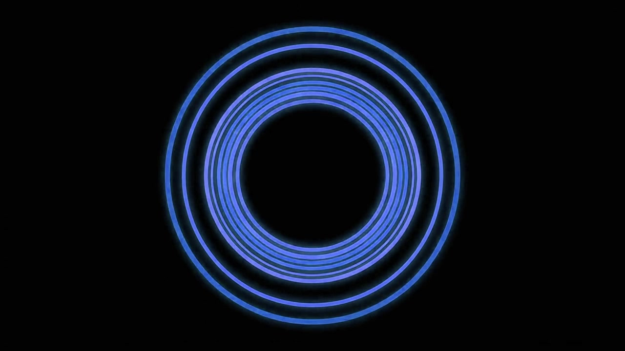 Abstrakte blå neon koncentriske cirkler, der pulserer på sort baggrund