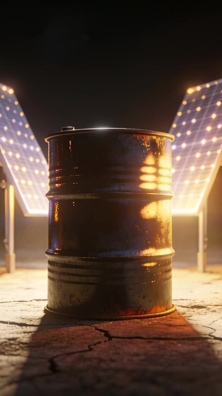 Vidéo verticale : Lumière ascendante baignant un tambour métallique, projetant une ombre sur un sol craquelé, panneaux lumineux