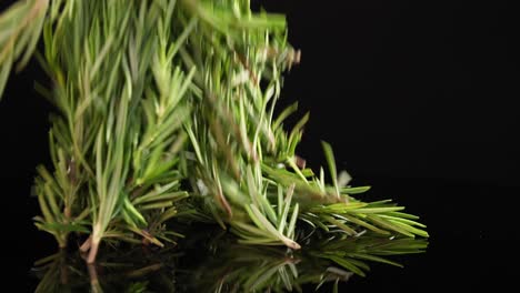 rosemary sprigs fall onto a reflective black surface, creating a dynamic and visually appealing arrangement