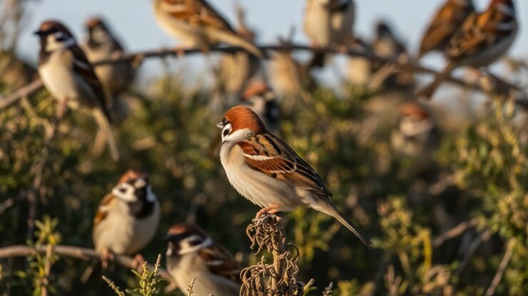 Un incantevole assembramento di passeri: una vetrina del fascino e dell'eleganza di questi piccoli uccelli nel loro habitat naturale, che cattura i loro movimenti e il loro comportamento sociale
