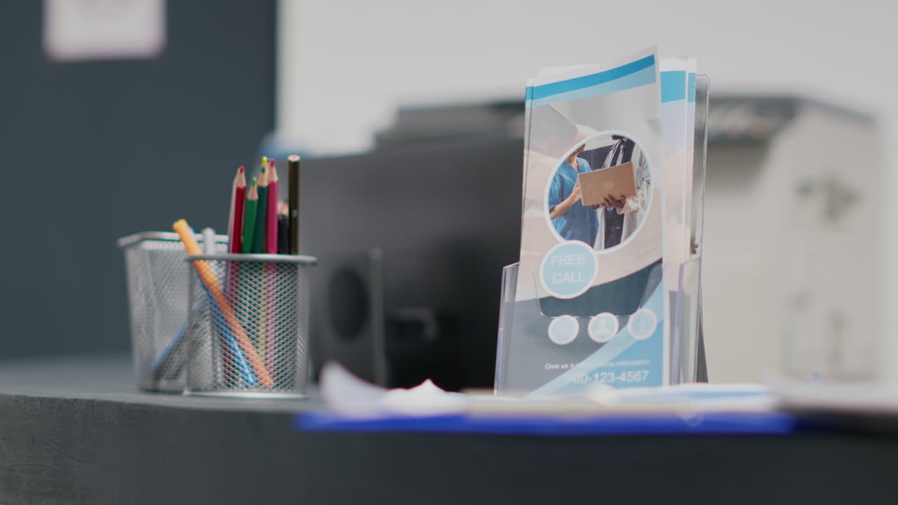 Empty hospital reception counter with checkup report files