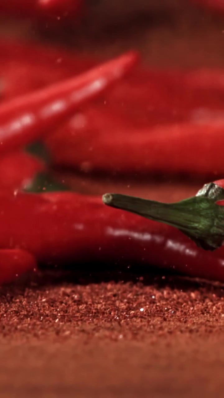 Pimentas Vermelhas Caindo sobre Pimenta em Pó em Câmera Lenta
