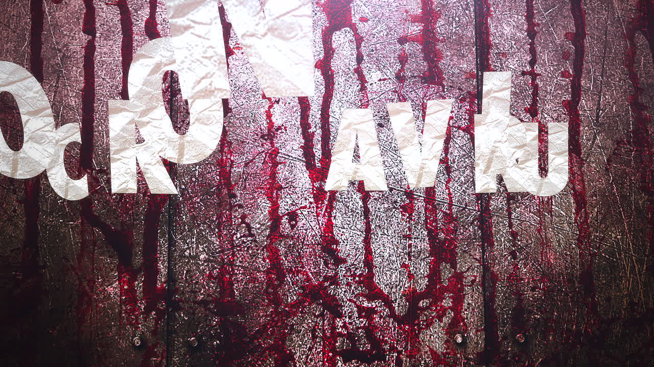 Animated text Coronavirus and horror background with dark blood on wall