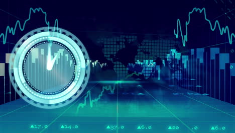 animation of moving clock over financial data processing and world map