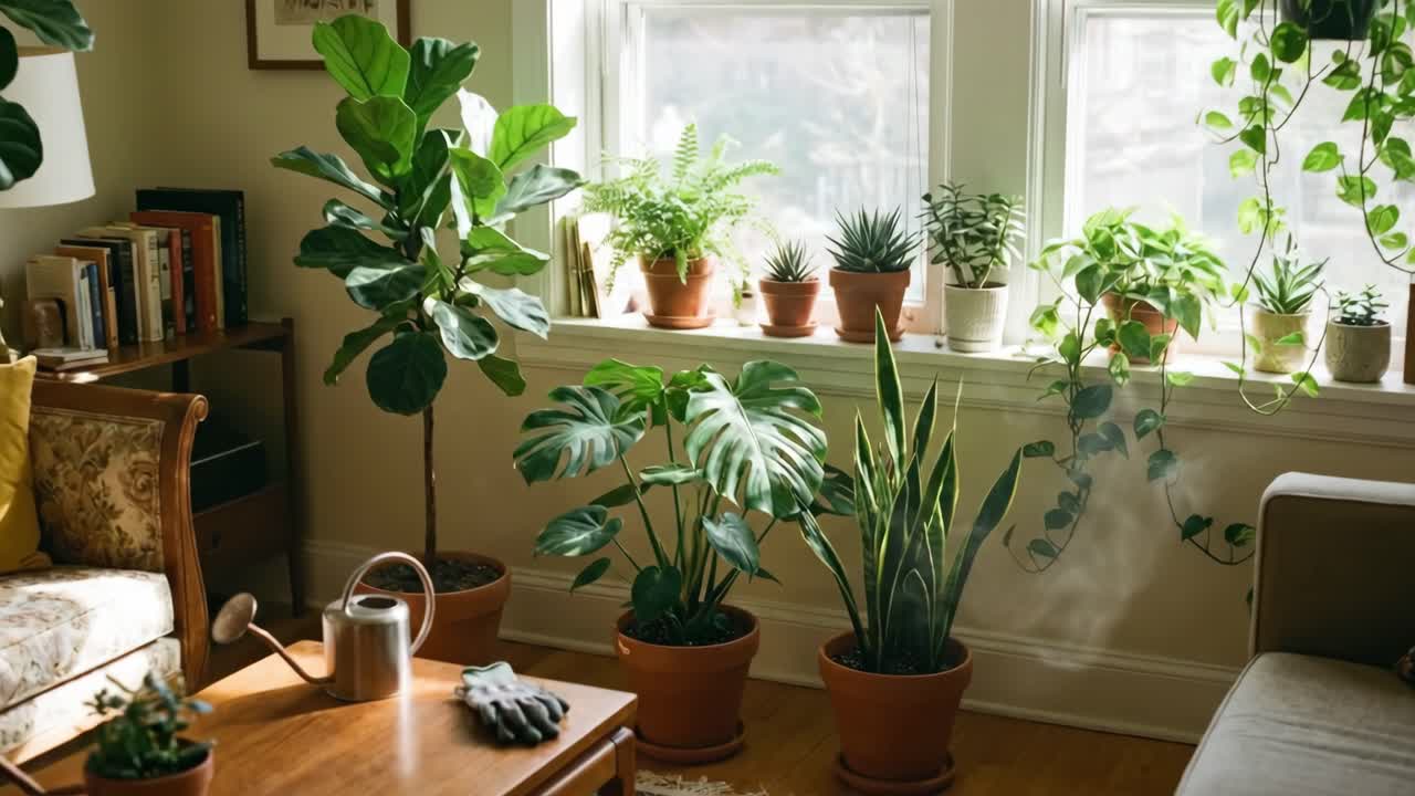 Lush Potted Houseplants Thriving in a Sunny Living Room Window