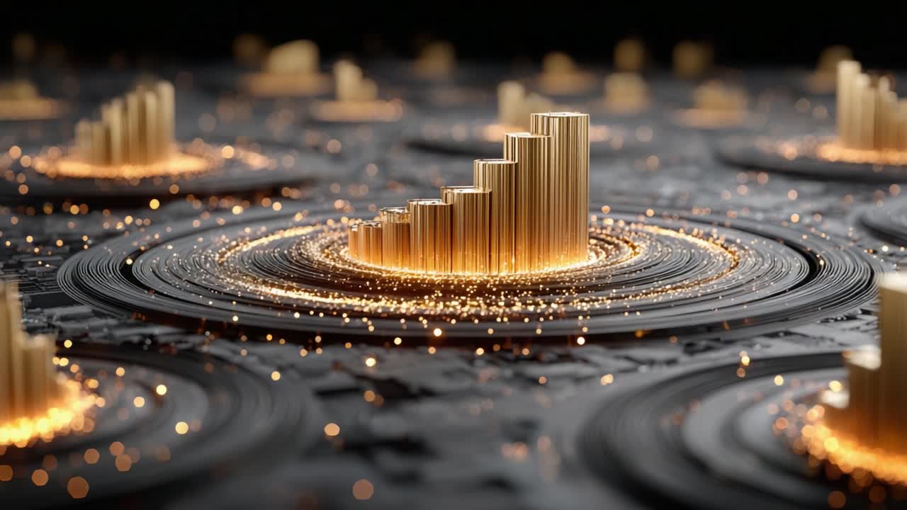 Golden chart bars rising on a futuristic platform surrounded by glowing particles, illustrating successful business performance, financial market analysis, economic growth, and investment profit