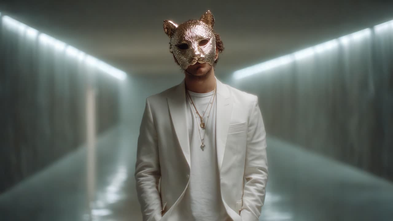 A Mysterious Figure in a Cat Mask Stands Confidently in a Dimly Lit Hallway, Exuding Charisma and Intrigue with Every Detail of His Elegant Attire