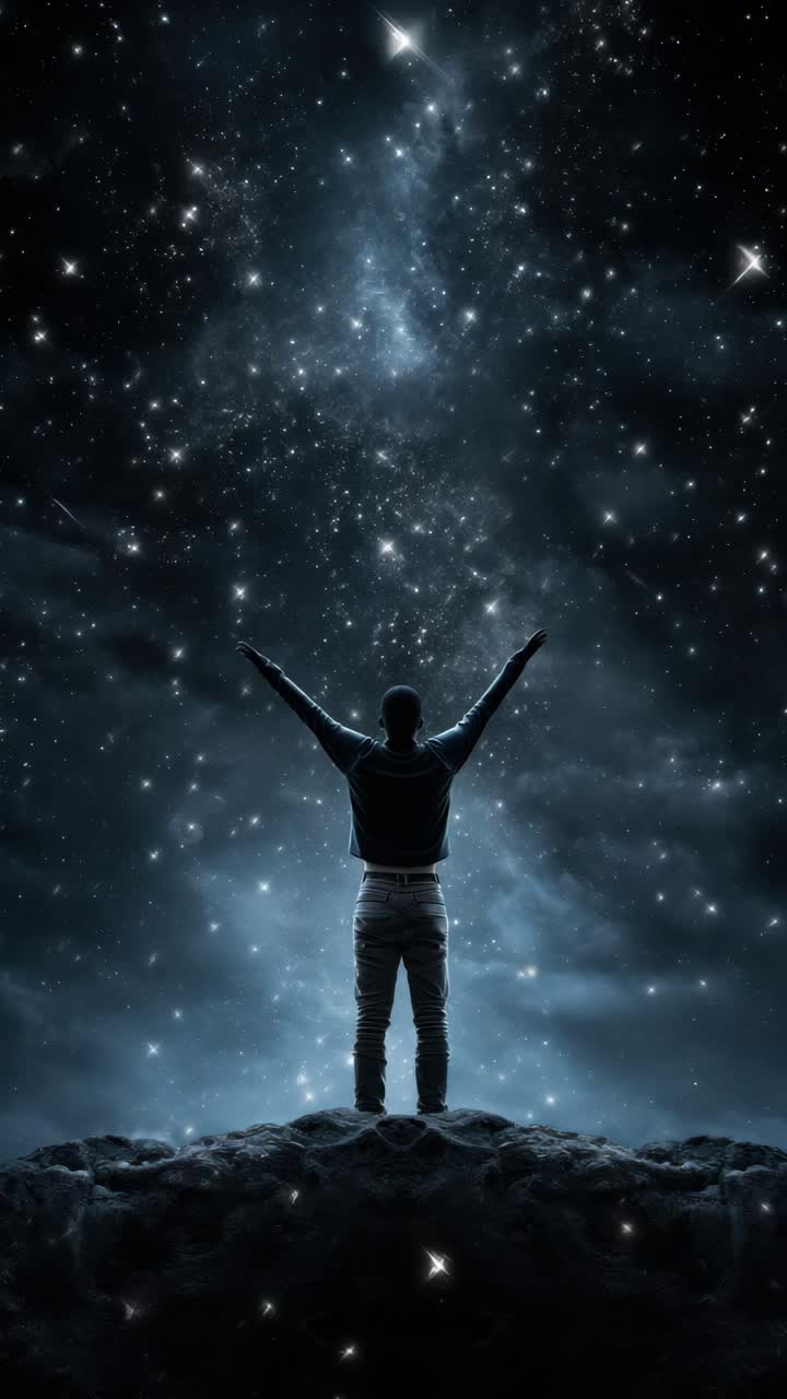 A man stands on a cliff gazing at a starry sky, captured from behind