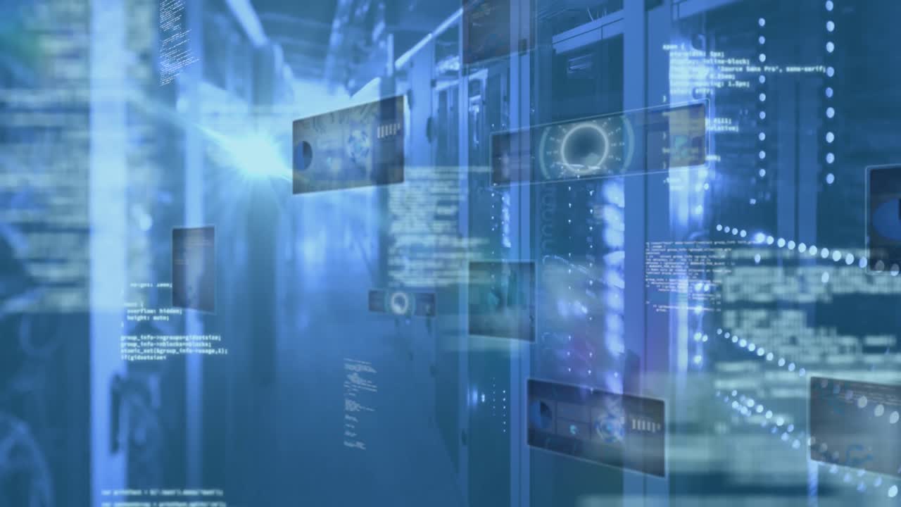 Animation of digital interface and data processing on screens over server room